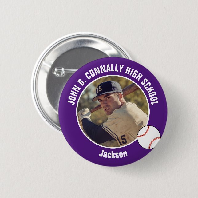 Macaron Rond 5 Cm Purple Baseball Player Photo High School Spirit (Devant & derrière)