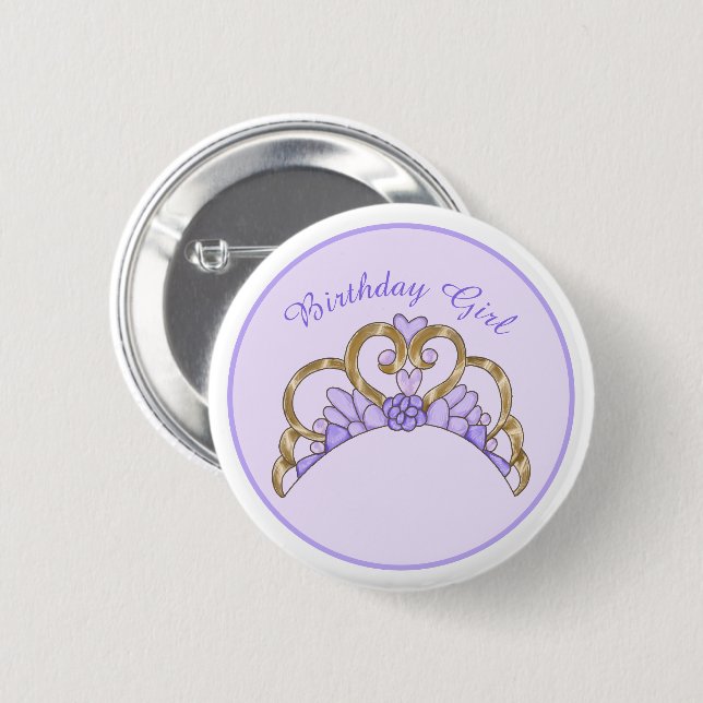 Macaron Rond 5 Cm Purple et or Tiara Anniversaire fille Pin (Devant & derrière)