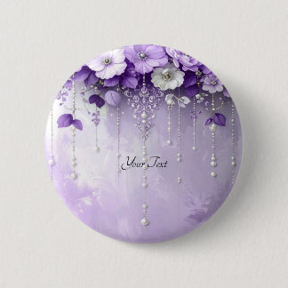 Macaron Rond 5 Cm Purple Flowers with Dangling Pearls Button