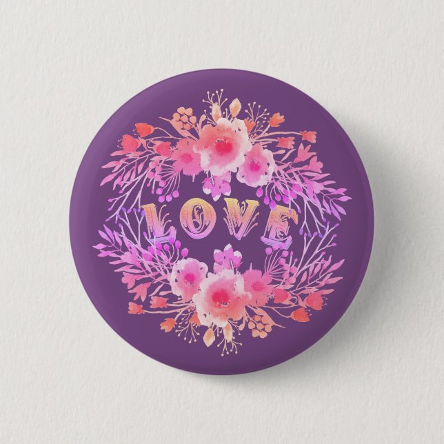 Macaron Rond 5 Cm Purple LOVE dans l'aquarelle Fleurs (Devant)