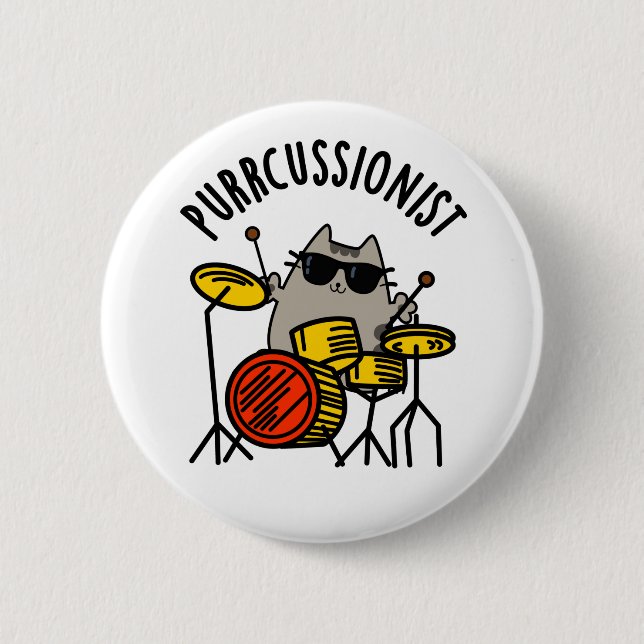 Macaron Rond 5 Cm Purr-cussionniste Funny Drummer Cat Pun (Devant)