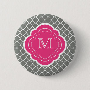 Macaron Rond 5 Cm Quatrefoil gris avec monogramme rose