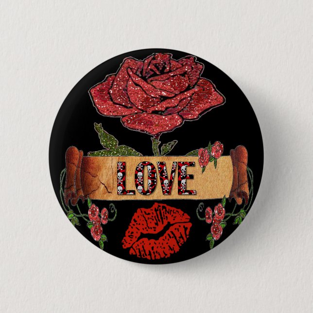 Macaron Rond 5 Cm RAB Rockabilly Roses, Love & Lipstick (Devant)