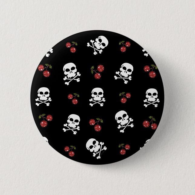 Macaron Rond 5 Cm RAB Rockabilly Skuls et Cerises sur Noir (Devant)