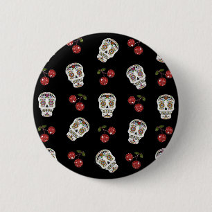 Macaron Rond 5 Cm RAB Rockabilly Sugar Skulls Cherries On Black