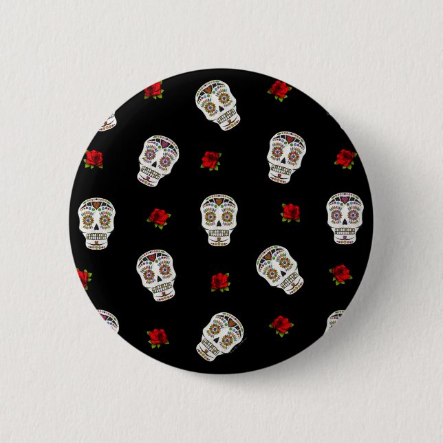 Macaron Rond 5 Cm RAB Rockabilly Sugar Skulls Roses On Black (Devant)