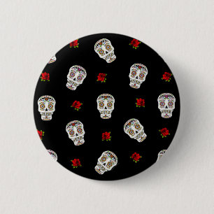 Macaron Rond 5 Cm RAB Rockabilly Sugar Skulls Roses sur fond noir