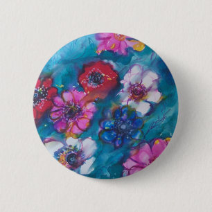MACARON ROND 5 CM RED PINK WHITE COLORFUL FLOWERS IN BLUE