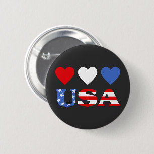 Macaron Rond 5 Cm Red White and Blue Hearts USA Drapeau
