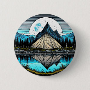 Macaron Rond 5 Cm Réflexion d'une tente sur le lac dans les montagne