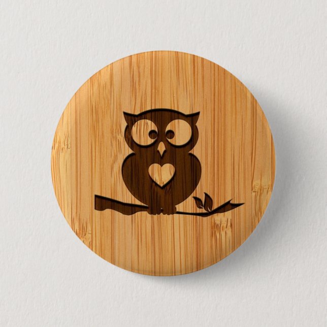 Macaron Rond 5 Cm Regard en bambou et hibou mignon gravé dans (Devant)
