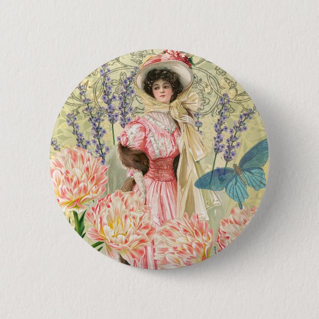 Macaron Rond 5 Cm Regency de femme victorienne rose (Devant)