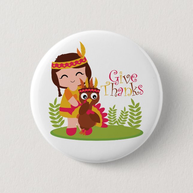 Macaron Rond 5 Cm Remerciez Jolie Fille Tribale Thanksgiving Turquie (Devant)
