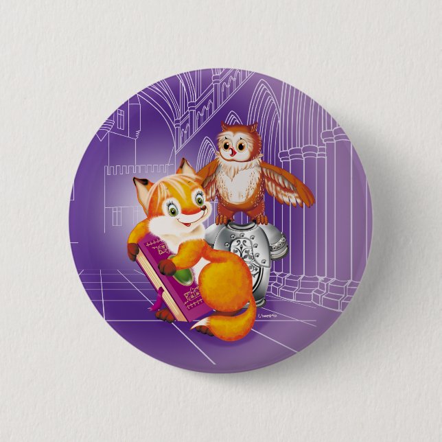 Macaron Rond 5 Cm renard et hibou (Devant)