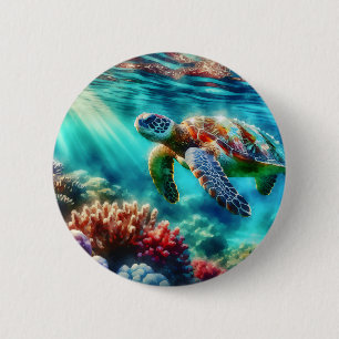 Macaron Rond 5 Cm Rester en contact   La natation des tortues de mer