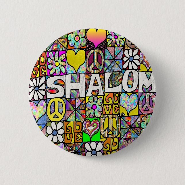 Macaron Rond 5 Cm Retro 60s Psychedelic Shalom LOVE (Devant)