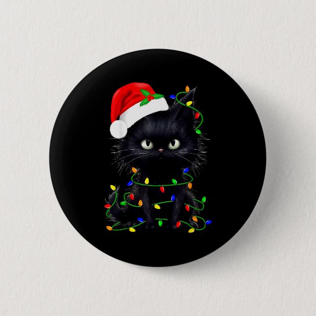 Macaron Rond 5 Cm Retro Black Cat Christmas Light Funny Cat Men Wome (Devant)
