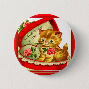 Macaron Rond 5 Cm Rétro chaton de ~ de Valentine dans une boîte en