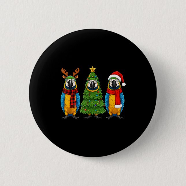 Macaron Rond 5 Cm Retro Christmas Blue And Yellow Macaw Parrot Santa (Devant)