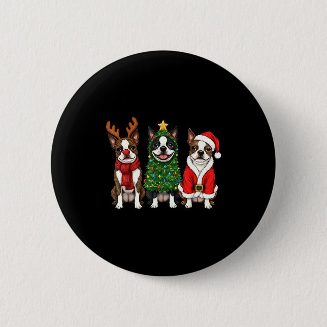 Macaron Rond 5 Cm Retro Christmas Boston Terrier Santa Reindeer Dog  (Devant)