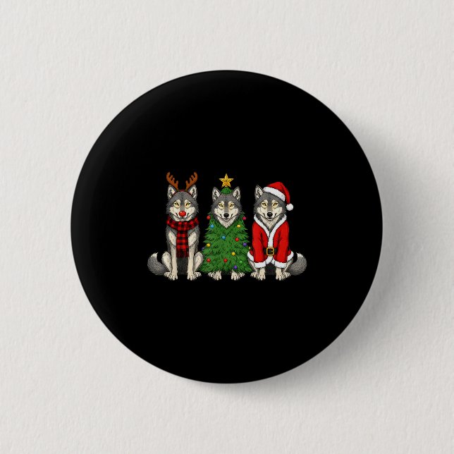 Macaron Rond 5 Cm Retro Christmas Wolf Santa Reindeer  (Devant)