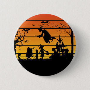 Macaron Rond 5 Cm Retro coucher de soleil Halloween sorcière éffraya