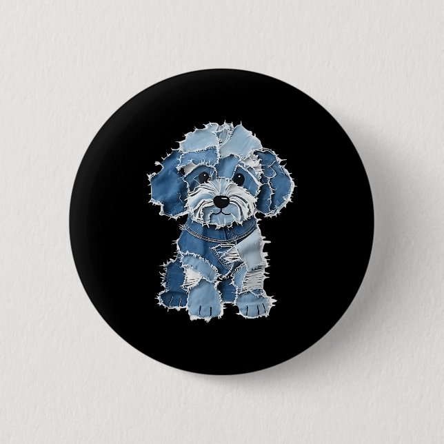 Macaron Rond 5 Cm Retro Denim Chien Patch, Funny Shabby Blue Jean Pu (Devant)