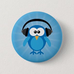 Macaron Rond 5 Cm Rétro hibou bleu génial avec des écouteurs
