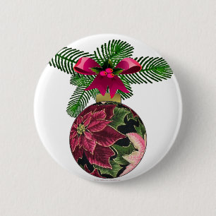 Macaron Rond 5 Cm Retro les années 50 Poinsettia Ornement Bourgogne