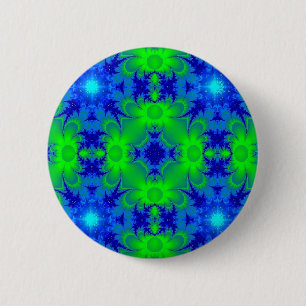 Macaron Rond 5 Cm Rétro marguerites et étoiles Art déco en vert bleu