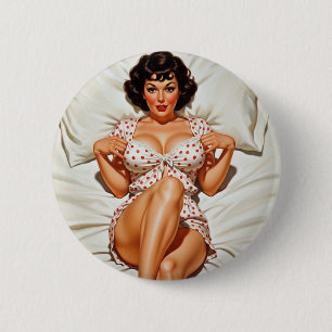 Macaron Rond 5 Cm Retro Pin-up Girl avec Red Polka Dot PJ's