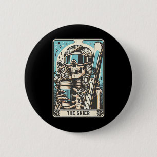 Macaron Rond 5 Cm Retro Skier Carte Tarot Funny Skeleton Skier Sk