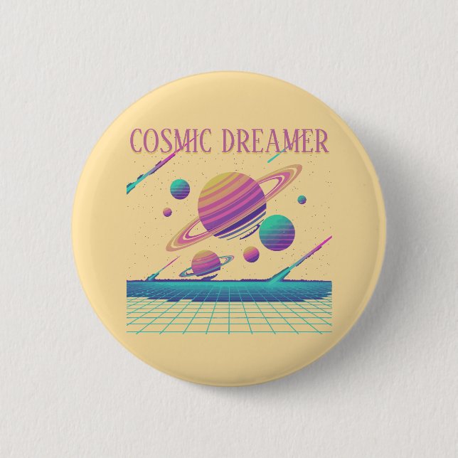 Macaron Rond 5 Cm Retro Vaporwave Planets Synthwave (Devant)