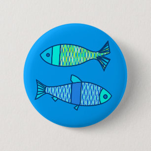 Macaron Rond 5 Cm Rétros poissons modernes, turquoise et bleu