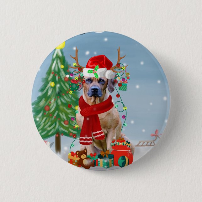 Macaron Rond 5 Cm Rhodesian Ridgeback Chien dans neige cadeau de Noë (Devant)