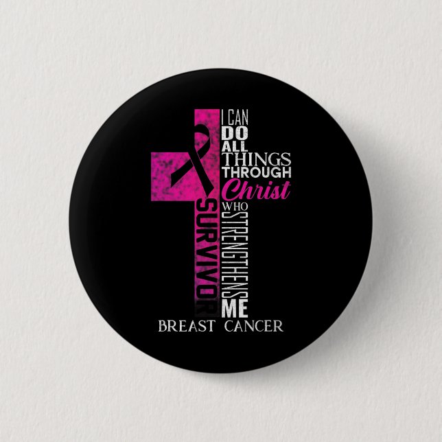 Macaron Rond 5 Cm Ribbon Cancer du sein Survivant Croix chrétienne (Devant)