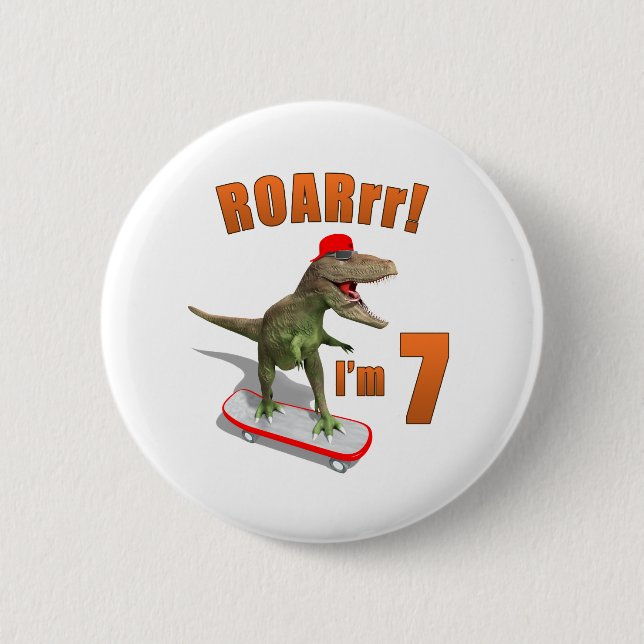 Macaron Rond 5 Cm ROAR I'm 7 Skateboard T-Rex Kid Anniversaire (Devant)