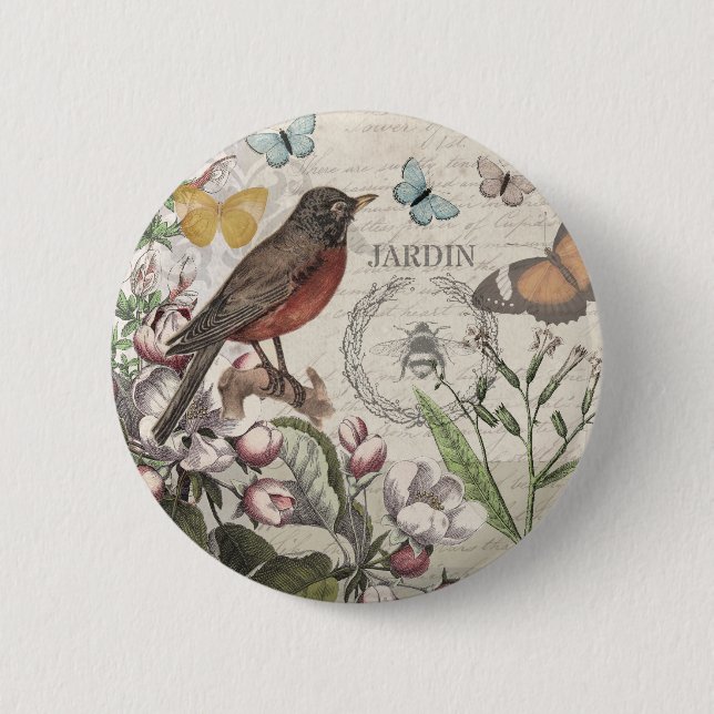 Macaron Rond 5 Cm Robin Elegant Bird Butterfly French Art (Devant)