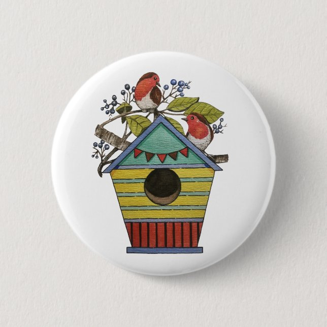 Macaron Rond 5 Cm Robins Aux Bleuets Et À La Maison D'Oiseaux (Devant)