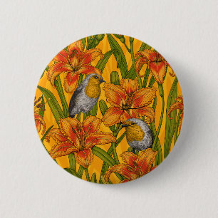 Macaron Rond 5 Cm Robins et fleurs de lys, orange et vert