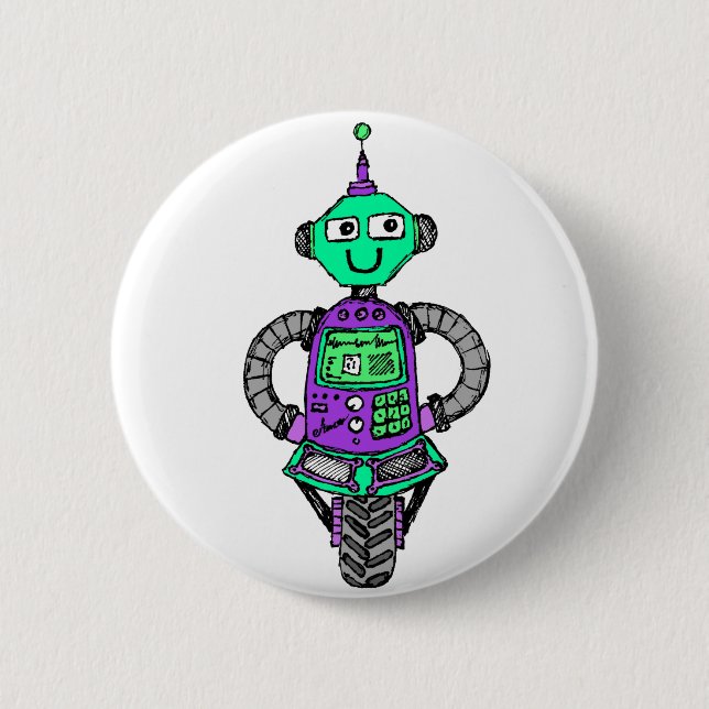 Macaron Rond 5 Cm Robot Arnie, violet et vert (Devant)