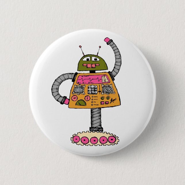 Macaron Rond 5 Cm Robot Frankie, orange sur blanc (Devant)