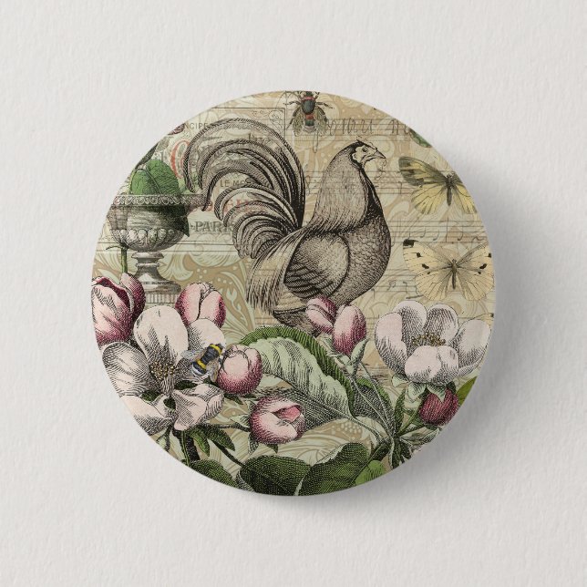 Macaron Rond 5 Cm Rooster Garden Flower Papillon Art (Devant)