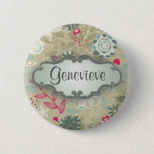 Macaron Rond 5 Cm Rose et floral bleu sur Tan avec la plaque signalé