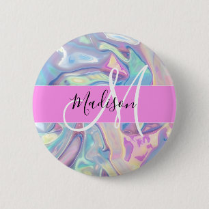 Macaron Rond 5 Cm Rose Nom Monogramme Holographique Iridescent