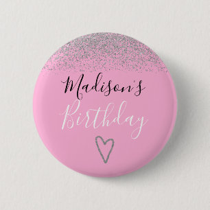 Macaron Rond 5 Cm Rose Pailleté Argent Anniversaire Fille