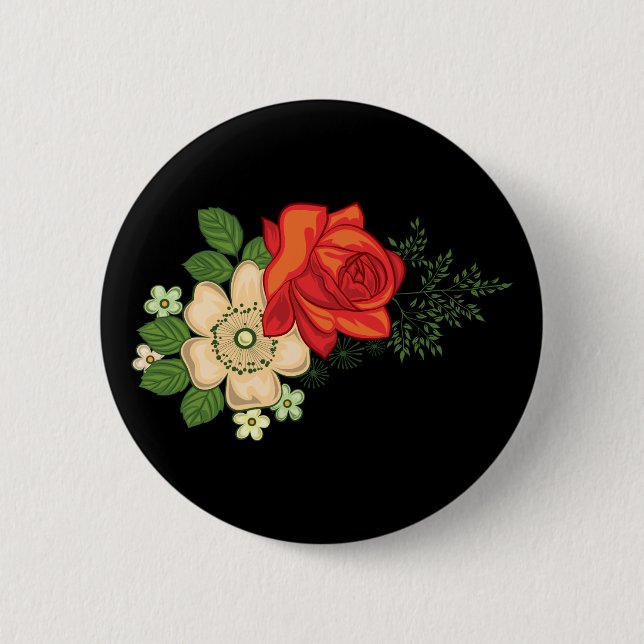 Macaron Rond 5 Cm Rose rouge et marguerites Arrière - plan noir (Devant)