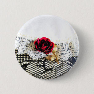 Macaron Rond 5 Cm Rose rouge romantique et dentelle blanche
