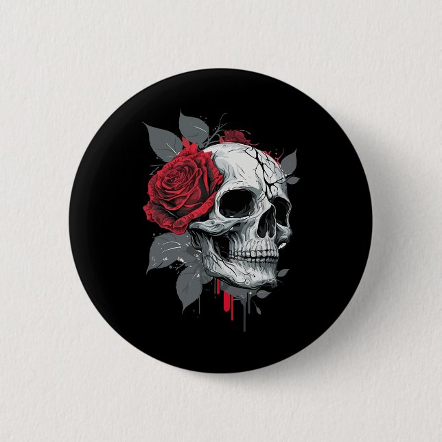 Macaron Rond 5 Cm Rose Skeleton Skull main rouge Fleur Rose (Devant)