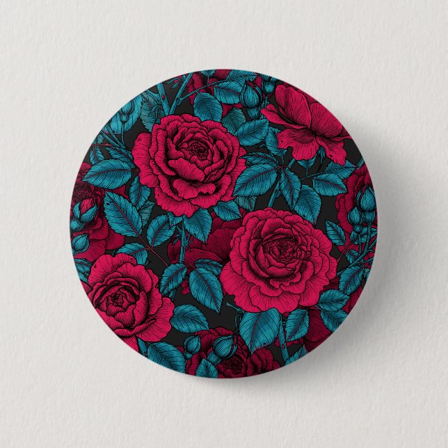 Macaron Rond 5 Cm Roses en rouge et bleu (Devant)